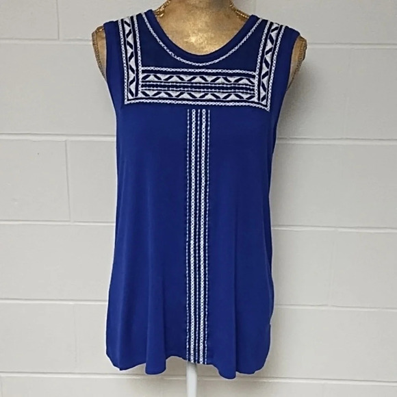 LOVEAPPELA ROYAL BLUE, EMBROIDERED SOFT KNIT BOHO SLEEVLESS TOP - Picture 1 of 8